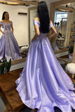 Simple V-Neck Satin Long Prom Dress, A-Line Off the Shoulder Evening Dress HZ0429