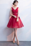 A-Line Tulle Short Prom Dress, V-Neck Lace Mini Party Dress HZ0429
