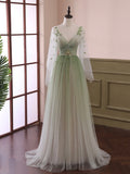 Light Green Tulle Long Sleeve Prom Dress, Green Gradient Floor Length Evening Dress HZ0429