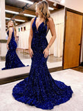 Mermaid V-Neck Sequins Long Prom Dress, Mermaid Evening Dress HZ0429