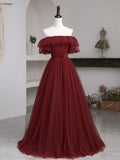 Burgundy Tulle Floor Length Prom Dress, Simple A-Line Evening Party Dress HZ0429