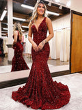 Mermaid V-Neck Sequins Long Prom Dress, Mermaid Evening Dress HZ0429