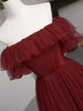 Burgundy Tulle Floor Length Prom Dress, Simple A-Line Evening Party Dress HZ0429