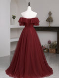 Burgundy Tulle Floor Length Prom Dress, Simple A-Line Evening Party Dress HZ0429