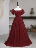Burgundy Tulle Floor Length Prom Dress, Simple A-Line Evening Party Dress HZ0429