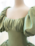 Green Satin Formal Evening Gown with  Puff Sleeve, A-Line Long Prom Dress HZ0429
