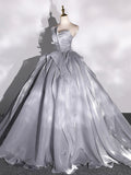 Gray Strapless Tulle Long Ball Gown, A-Line Evening Dress Formal Dress HZ0429