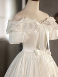 White Satin Lace Short Prom Dress, Off Shoulder Evening Dress, Wedding Dress HZ0429