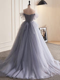 Gray Tulle Long A-Line Prom Dress, Off Shoulder Evening Dress Party Dress HZ0429