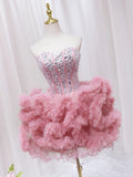 Pink Sweetheart Neckline Tulle Short Prom Dress with Rhinestones, Cute Party Dress HZ0429