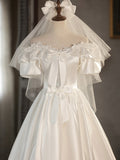 White Satin Lace Short Prom Dress, Off Shoulder Evening Dress, Wedding Dress HZ0429