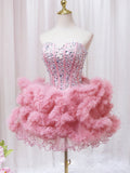 Pink Sweetheart Neckline Tulle Short Prom Dress with Rhinestones, Cute Party Dress HZ0429