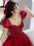 Burgundy Tulle Sequins Long Prom Dress, A-Line Scoop Neckline Evening Party Dress HZ0429