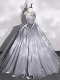 Gray Strapless Tulle Long Ball Gown, A-Line Evening Dress Formal Dress HZ0429