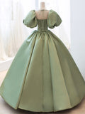 Green Satin Formal Evening Gown with  Puff Sleeve, A-Line Long Prom Dress HZ0429
