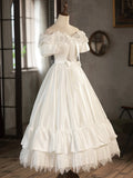 White Satin Lace Short Prom Dress, Off Shoulder Evening Dress, Wedding Dress HZ0429