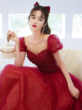 Burgundy Tulle Sequins Long Prom Dress, A-Line Scoop Neckline Evening Party Dress HZ0429