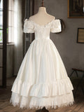 White Satin Lace Short Prom Dress, Off Shoulder Evening Dress, Wedding Dress HZ0429