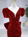 Mermaid Sequins Long Prom Dress, Burgundy V-Neck Evening Dress HZ0429