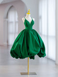 Green V-Neck Satin Short Prom Dress, A-Line Green Evening Dress HZ0429