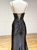 Black V-Neck Satin Lace Long Prom Dress, Black Spaghetti Strap Evening Dress with Slit HZ0429