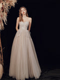 Champagne Strapless Lace Long Prom Dress, A-Line Evening Graduation Dress HZ0429