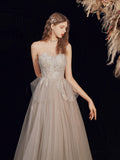 Champagne Strapless Lace Long Prom Dress, A-Line Evening Graduation Dress HZ0429