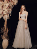 Champagne Strapless Lace Long Prom Dress, A-Line Evening Graduation Dress HZ0429