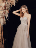 Champagne Strapless Lace Long Prom Dress, A-Line Evening Graduation Dress HZ0429