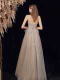 Champagne Strapless Lace Long Prom Dress, A-Line Evening Graduation Dress HZ0429