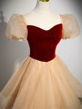 Cute Velvet Tulle Long Prom Dress, A-Line Short Sleeve Formal Dress HZ0429