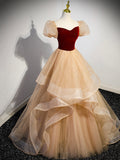 Cute Velvet Tulle Long Prom Dress, A-Line Short Sleeve Formal Dress HZ0429