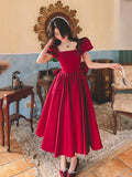 Burgundy Satin Party Dress with Bow, Cute A-Line Short Sleeve Homecoming Dress HZ0429