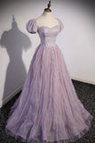 Purple Tulle Sequins Floor Length Prom Dress, A-Line Evening Party Dress HZ0429