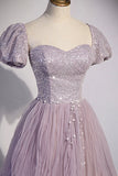 Purple Tulle Sequins Floor Length Prom Dress, A-Line Evening Party Dress HZ0429
