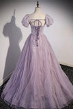 Purple Tulle Sequins Floor Length Prom Dress, A-Line Evening Party Dress HZ0429