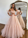 Pink Tulle Long Formal Dress, Two Pieces Evening Dress, Pink Party Dress HZ0429