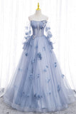 Blue Tulle Long Sleeve Prom Dress, A-Line Off the Shoulder Evening Gown HZ0429