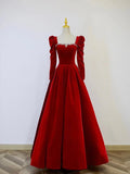 A-Line Long Sleeve Velvet Floor Length Prom Dress, Burgundy Formal Evening Dress HZ0429