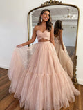 Pink Tulle Long Formal Dress, Two Pieces Evening Dress, Pink Party Dress HZ0429