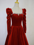 A-Line Long Sleeve Velvet Floor Length Prom Dress, Burgundy Formal Evening Dress HZ0429