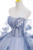 Blue Tulle Long Sleeve Prom Dress, A-Line Off the Shoulder Evening Gown HZ0429