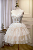 Champagne Lace Short Party Dress, A-Line Spaghetti Strap Evening Dress HZ0429