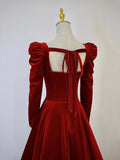 A-Line Long Sleeve Velvet Floor Length Prom Dress, Burgundy Formal Evening Dress HZ0429