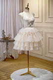 Champagne Lace Short Party Dress, A-Line Spaghetti Strap Evening Dress HZ0429
