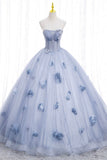 Blue Tulle Long Sleeve Prom Dress, A-Line Off the Shoulder Evening Gown HZ0429