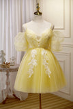 Yellow Lace Short Prom Dress, Off the Shoulder Homecoming Dress HZ0429