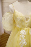 Yellow Lace Short Prom Dress, Off the Shoulder Homecoming Dress HZ0429