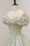 Green Ball Gown, A-Line Off the Shoulder Evening Gown with Beaded HZ0429