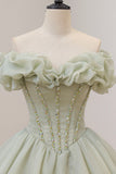 Green Ball Gown, A-Line Off the Shoulder Evening Gown with Beaded HZ0429